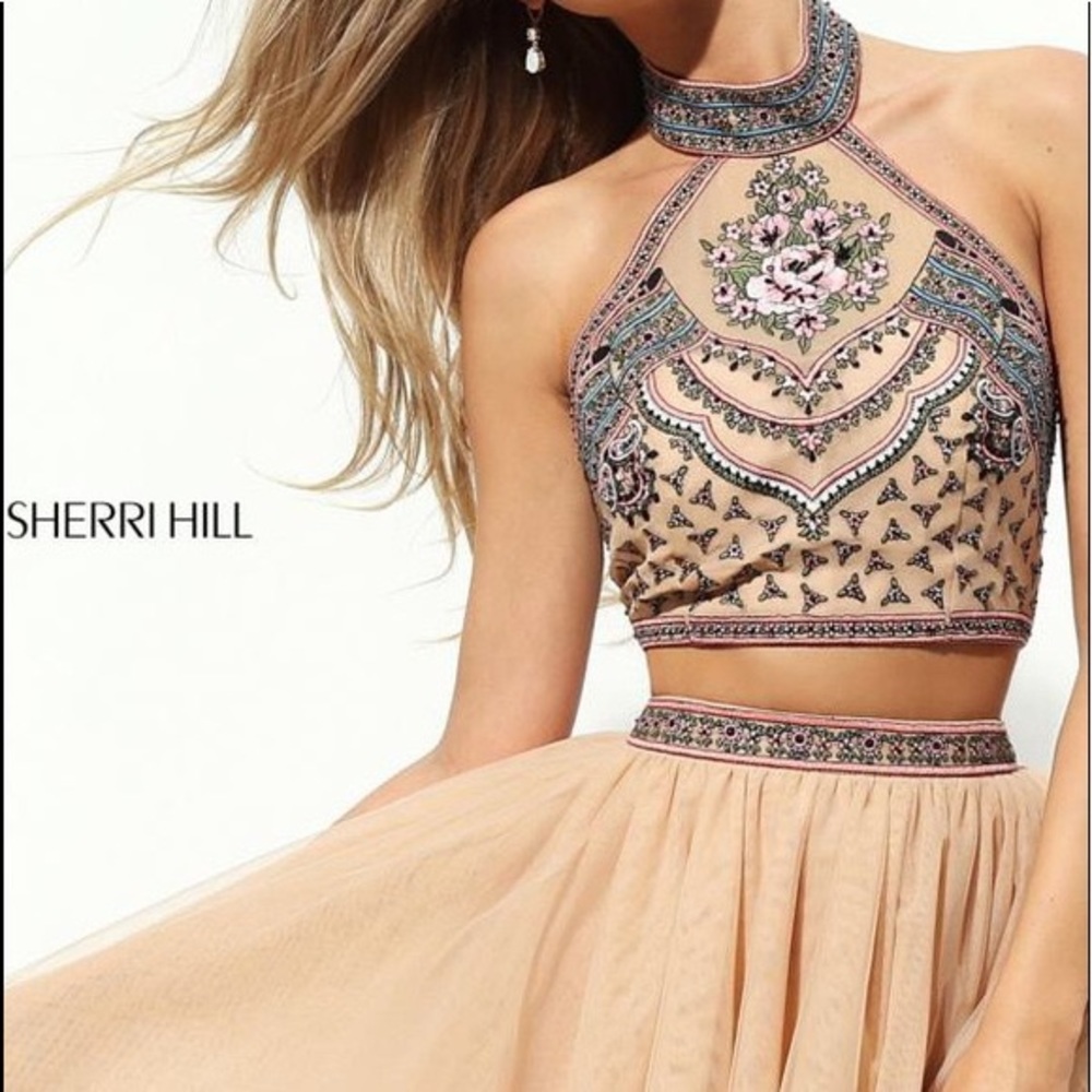 sherri hill tan halter prom dress 2 piece